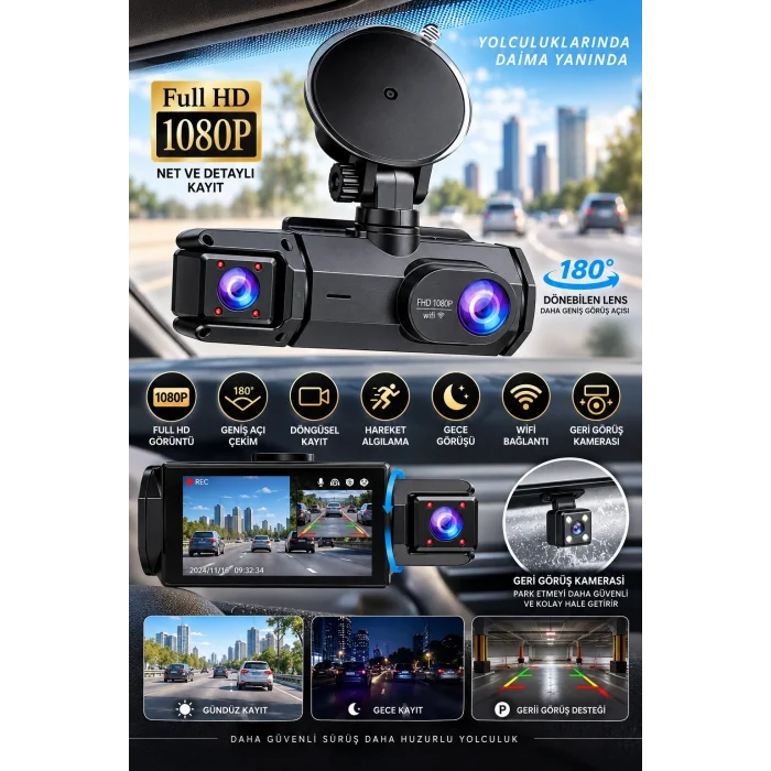 Full HD 1080P Çift Kamera 180° Geniş Açı WiFi Şarjlı Kullanım
