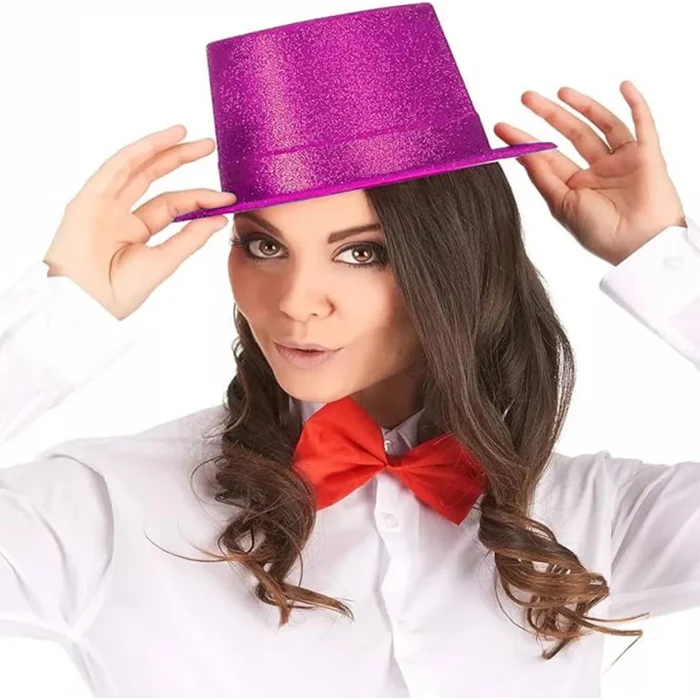 Fuşya Pembe Renk Parıltılı Simli Fötr Silindir Parti Şapkası