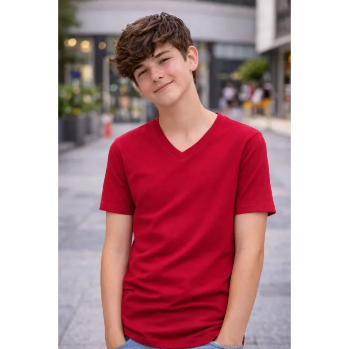 Genç Erkek Çocuk V Yaka Tişört Model - Bordo