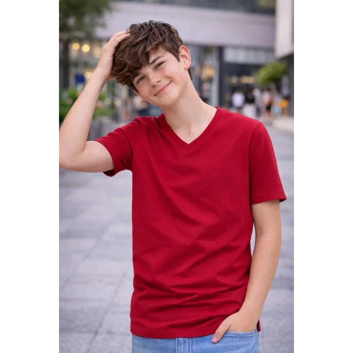 Genç Erkek Çocuk V Yaka Tişört Model - Bordo