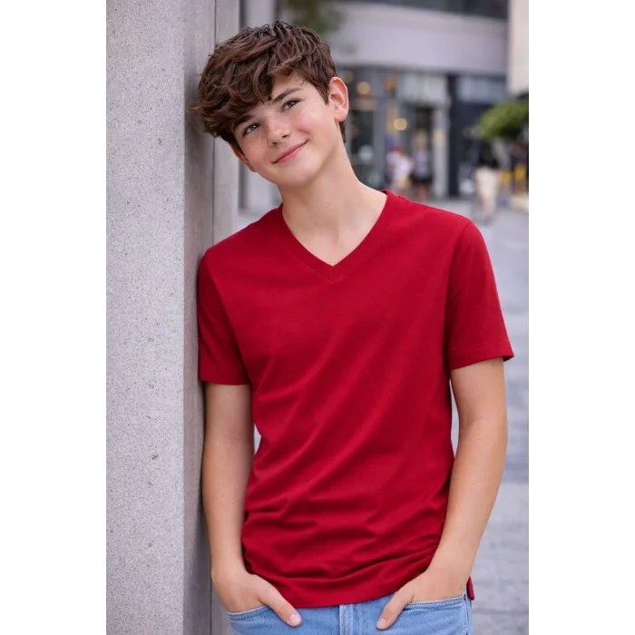 Genç Erkek Çocuk V Yaka Tişört Model - Bordo