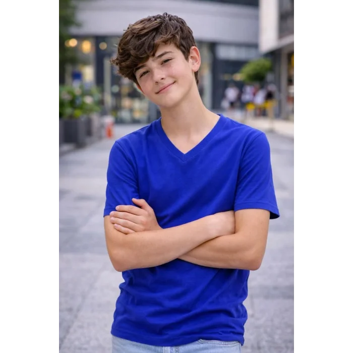 Genç Erkek Çocuk V Yaka Tişört Model - Saks Mavisi