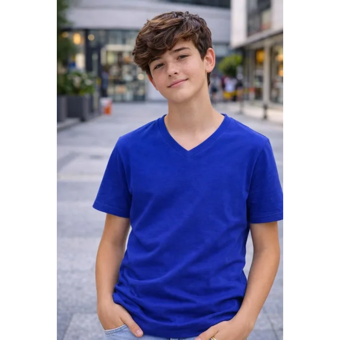 Genç Erkek Çocuk V Yaka Tişört Model - Saks Mavisi