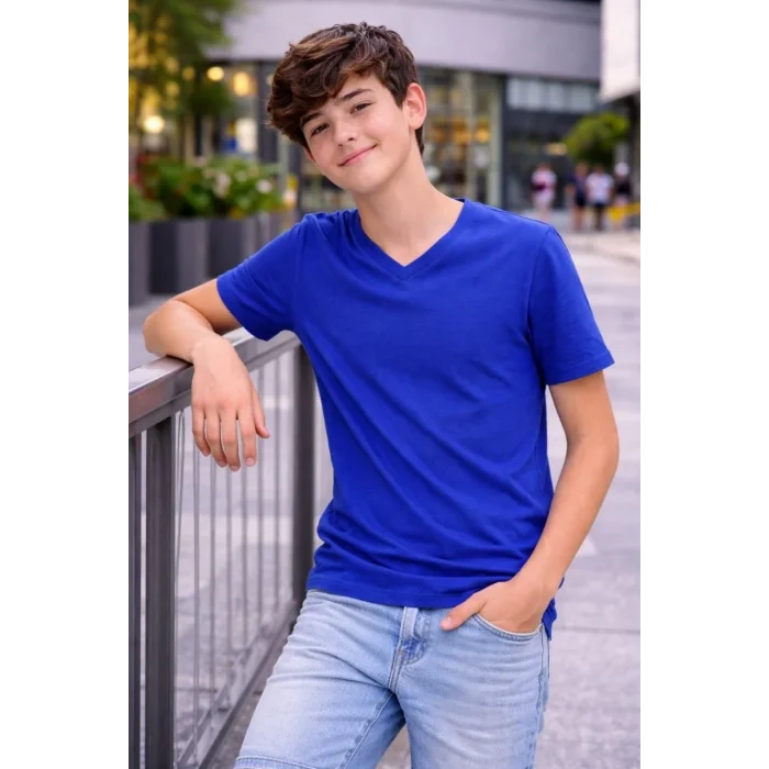Genç Erkek Çocuk V Yaka Tişört Model - Saks Mavisi
