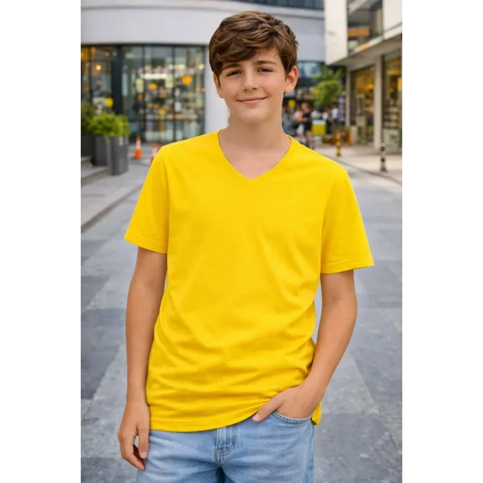 Genç Erkek Çocuk V Yaka Tişört Model - Sarı