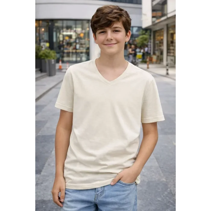 Genç Erkek Çocuk V Yaka Tişört Model - Taş