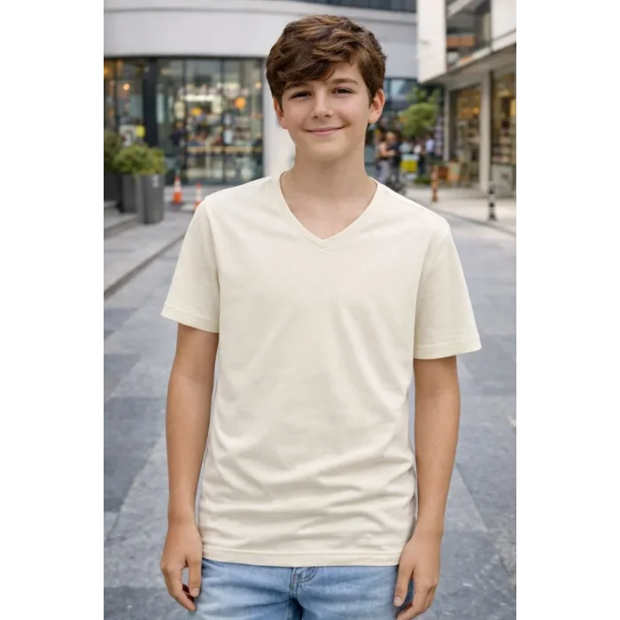 Genç Erkek Çocuk V Yaka Tişört Model - Taş
