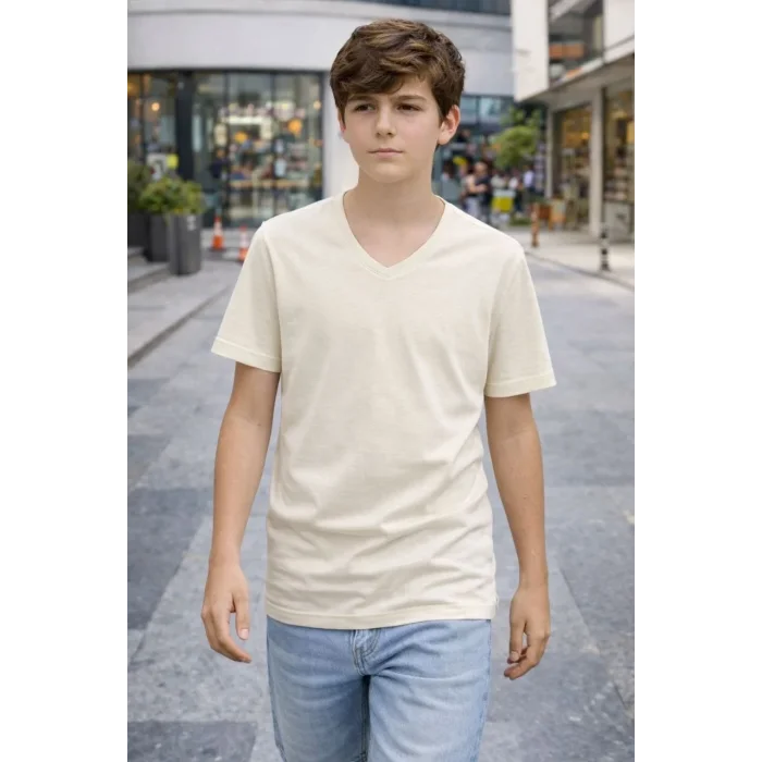 Genç Erkek Çocuk V Yaka Tişört Model - Taş