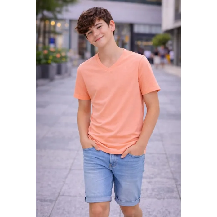 Genç Erkek Çocuk V Yaka Tişört Model - Toz Pembe