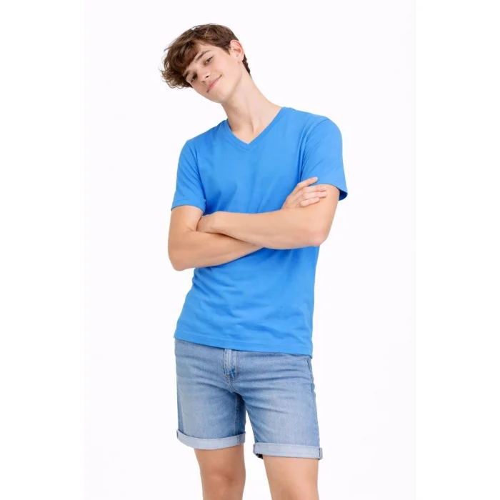 Genç Erkek Çocuk V Yaka Tişört Yazlık Model Günlük Basic Body - Açık Mavi