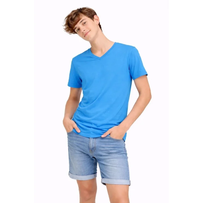Genç Erkek Çocuk V Yaka Tişört Yazlık Model Günlük Basic Body - Açık Mavi