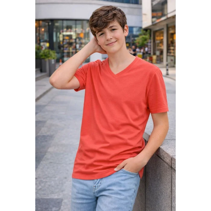 Genç Erkek Çocuk V Yaka Tişört Yazlık Model Günlük Basic Body - Nar Çiçeği