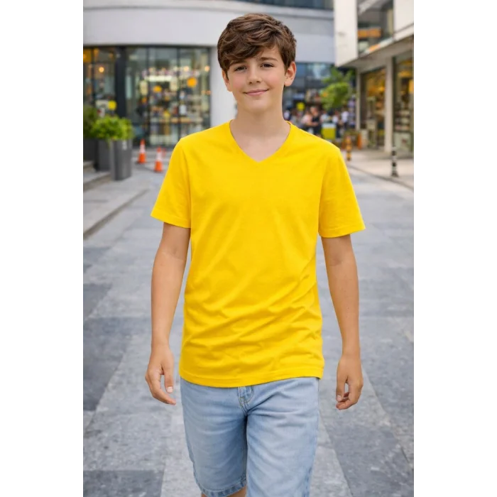 Genç Erkek Çocuk V Yaka Tişört Yazlık Model Günlük Basic Body - Sarı