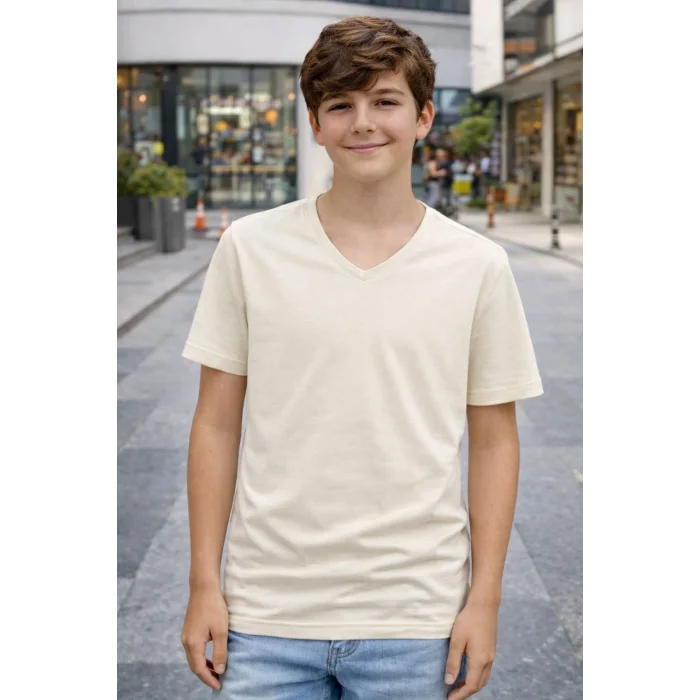Genç Erkek Çocuk V Yaka Tişört Yazlık Model Günlük Basic Body - Taş