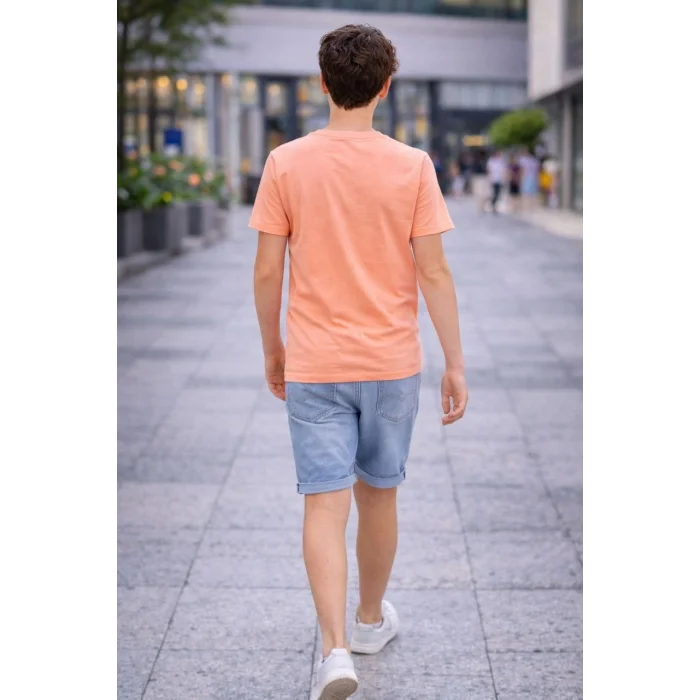 Genç Erkek Çocuk V Yaka Tişört Yazlık Model Günlük Basic Body - Toz Pembe