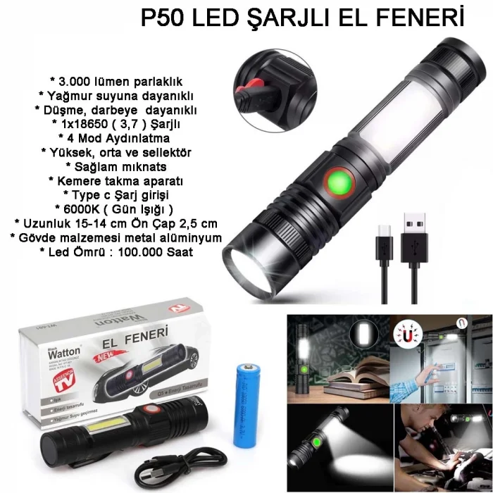 Geniş Açılı P50 Led Şarjlı El Feneri  Wt-601