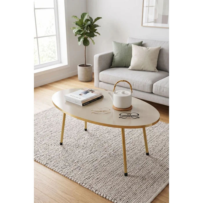 Gold Metal Oval Orta Sehpa Krem