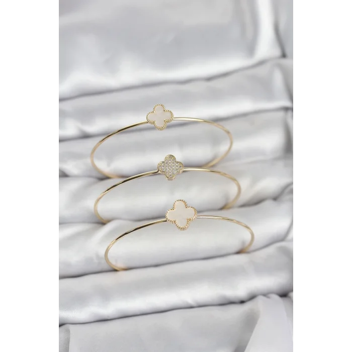 Gold Renk Yonca Model Zirkon Taşlı 3lü Kadın Bileklik Kombini