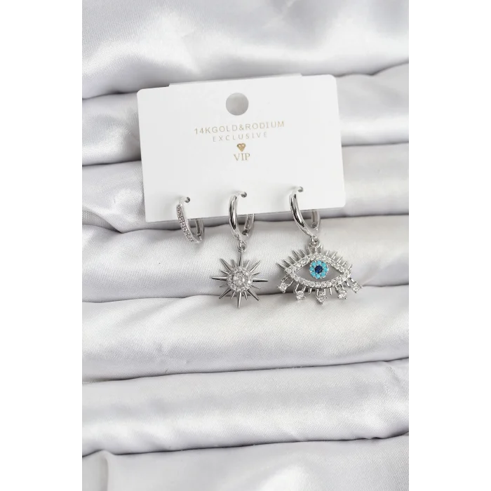 Göz Model Gümüş Renk Pirinç 3lü Kadın Küpe Seti