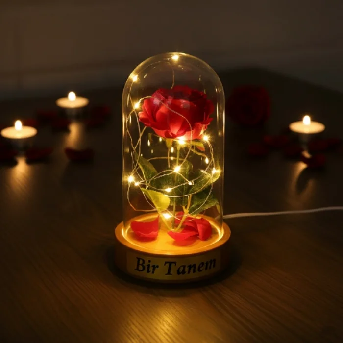 Gül Yapraklı Ledli Gül Fanus