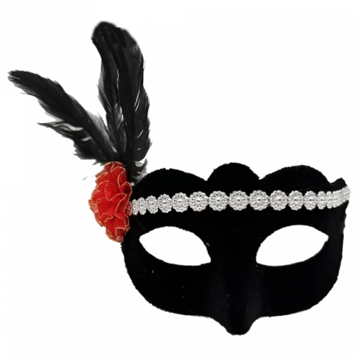 Gümüş Dantelli Kırmızı Gül Tasarımlı Parti Maskesi