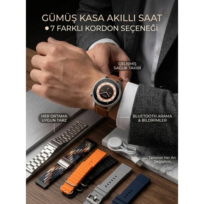 Gümüş Kasa Akıllı Saat - 6 Yedek Kordon Hediyeli