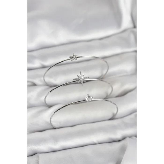 Gümüş Renk Kutup Yıldızı Model Zirkon Taşlı 3lü Kadın Bileklik Kombini