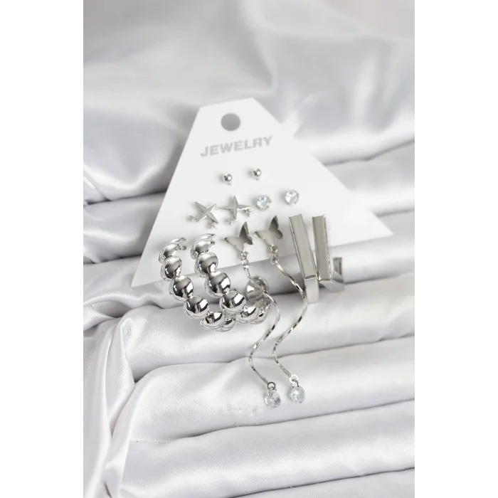 Gümüş Renk Pirinç 6lı Kadın Küpe Seti