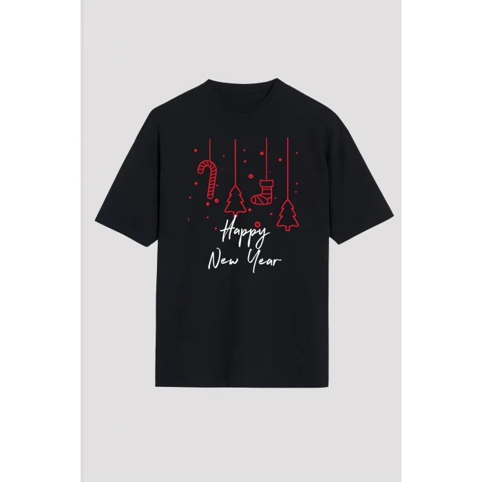 Yılbaşı Tişört Happy New Year Baskılı T-shirt - Siyah