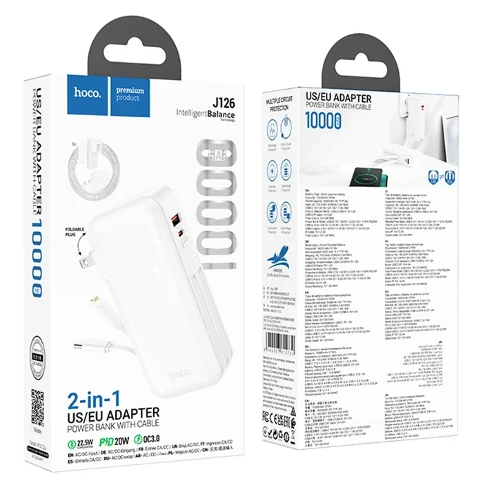 Hoco J126 USB-A+Type-C Çıkışlı Type-c+Lightning Kablolu 10000mAh Powerbank Şarj Aleti-(5775)