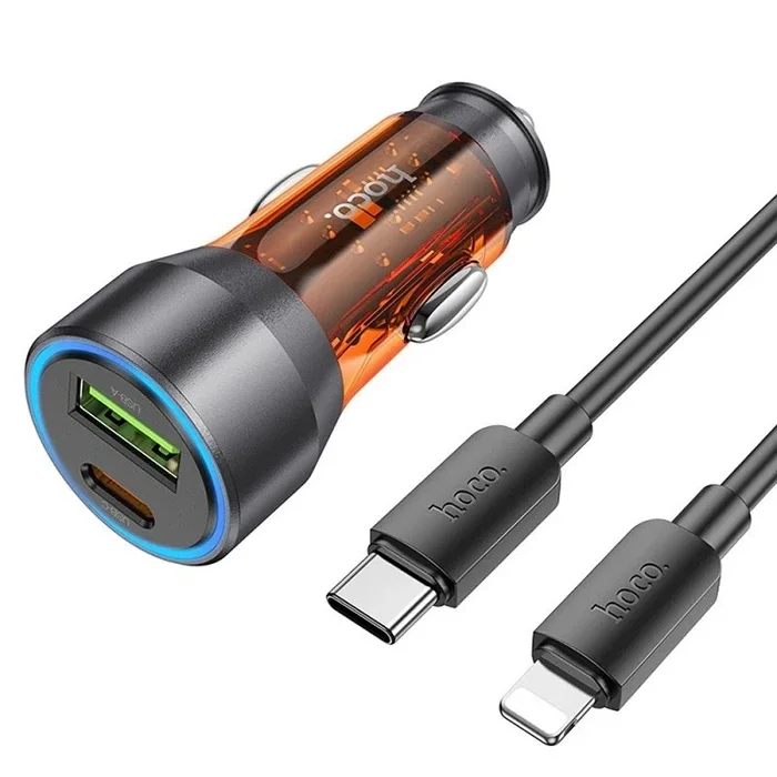 HOCO NZ12A Action PD43W USB + Type-C Araç Çakmaklık Hızlı Şarj Aleti + Type-C to iPhone Lightning Ka-(5775)