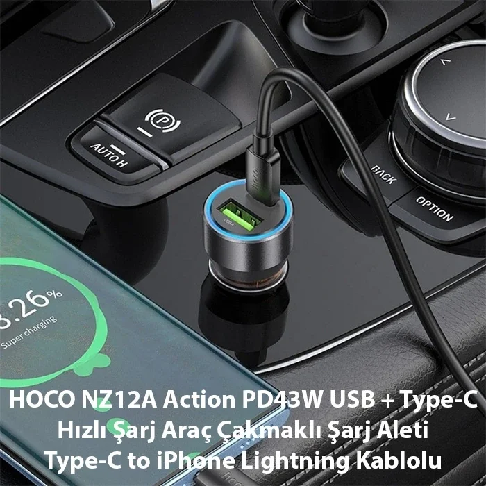 HOCO NZ12A Action PD43W USB + Type-C Araç Çakmaklık Hızlı Şarj Aleti + Type-C to iPhone Lightning Ka-(5775)