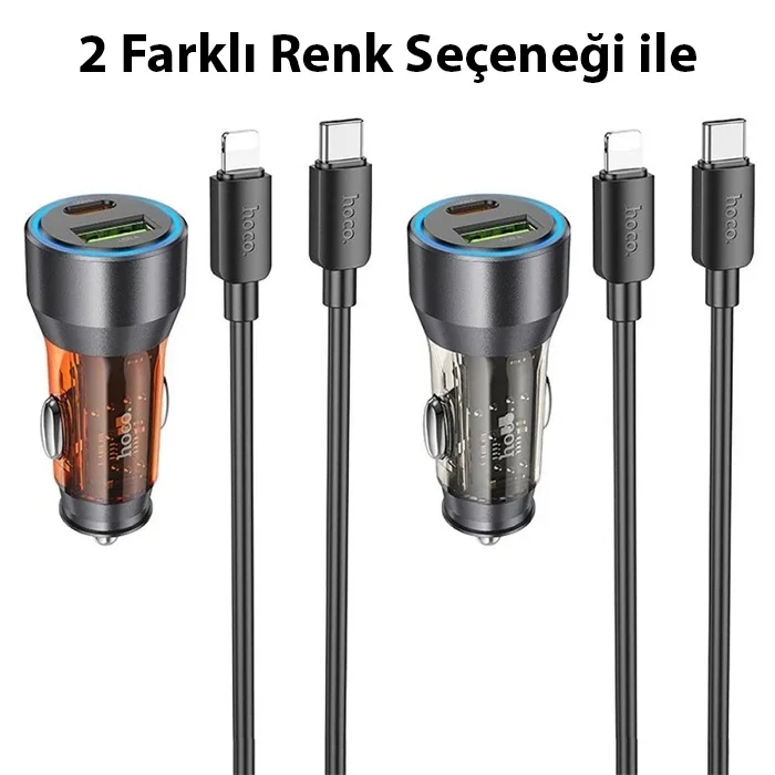 HOCO NZ12A Action PD43W USB + Type-C Araç Çakmaklık Hızlı Şarj Aleti + Type-C to iPhone Lightning Ka-(5775)