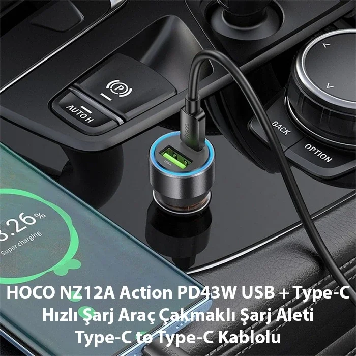 HOCO NZ12A Action PD43W USB + Type-C Araç Çakmaklık Hızlı Şarj Aleti + Type-C to Type-C Kablo-(5775)
