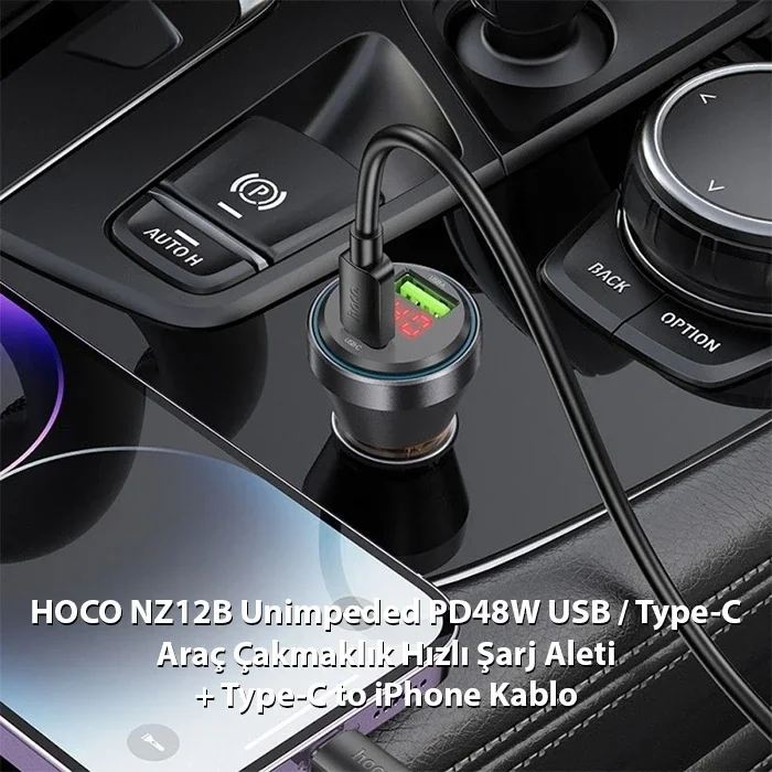 HOCO NZ12B Unimpeded PD48W USB + Type-C Araç Çakmaklı Hızlı Şarj Aleti + Type-C to iPhone Kablo-(5775)