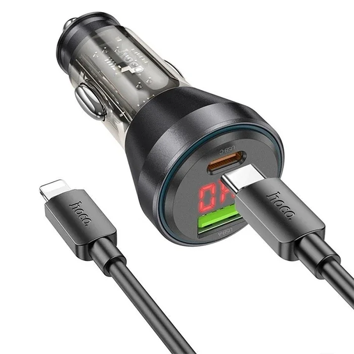 HOCO NZ12B Unimpeded PD48W USB + Type-C Araç Çakmaklı Hızlı Şarj Aleti + Type-C to iPhone Kablo-(5775)