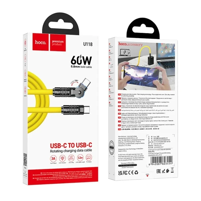 HOCO U118 Döner Başlıklı Type-C to Type-C 60W Hızlı Şarj ve Veri Kablosu-(5775)