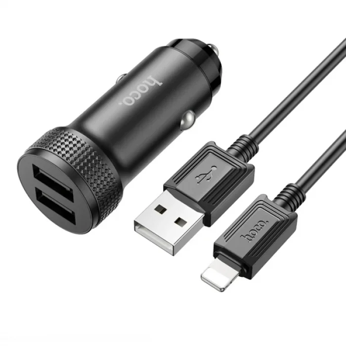 HOCO Z49 Çift USB Girişli Araç Şarj Başlık + USB To iPhone Lightning Kablo-(5775)