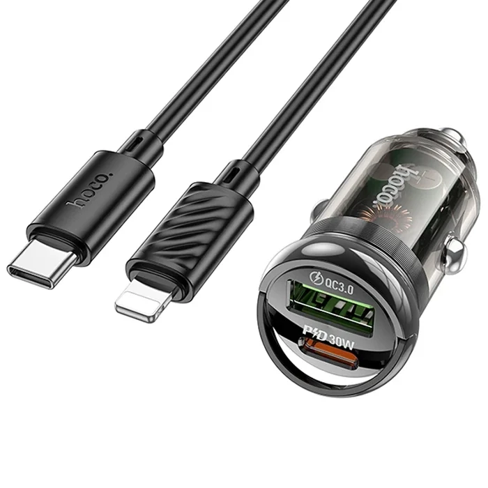 HOCO Z53A Vision PD30W Type-C + USB QC3.0 Girişli Araç Çakmaklık Hızlı Şarj Aleti + Type-C to iPhone-(5775)