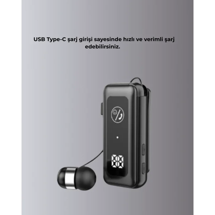 İçi Sarılabilen Kablo ve Yaka Klipsli Bluetooth Kulaklık