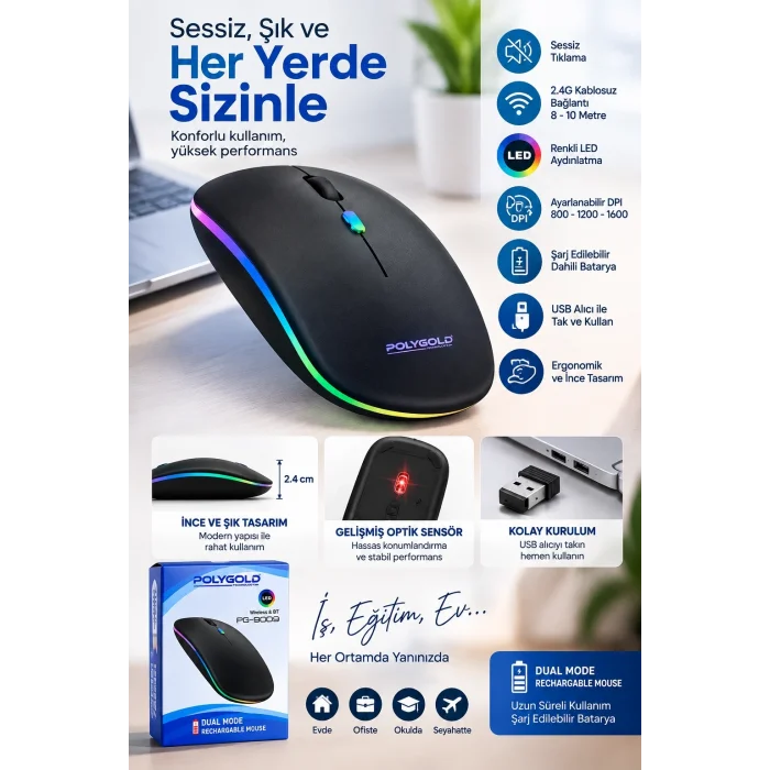 İnce Ergonomik Tasarım 2.4G Kablosuz LED Mouse