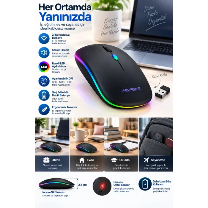 İnce Ergonomik Tasarım 2.4G Kablosuz LED Mouse