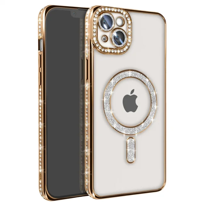 İphone 14 Kılıf Joke Simli Magneticsafe Kılıf - Gold