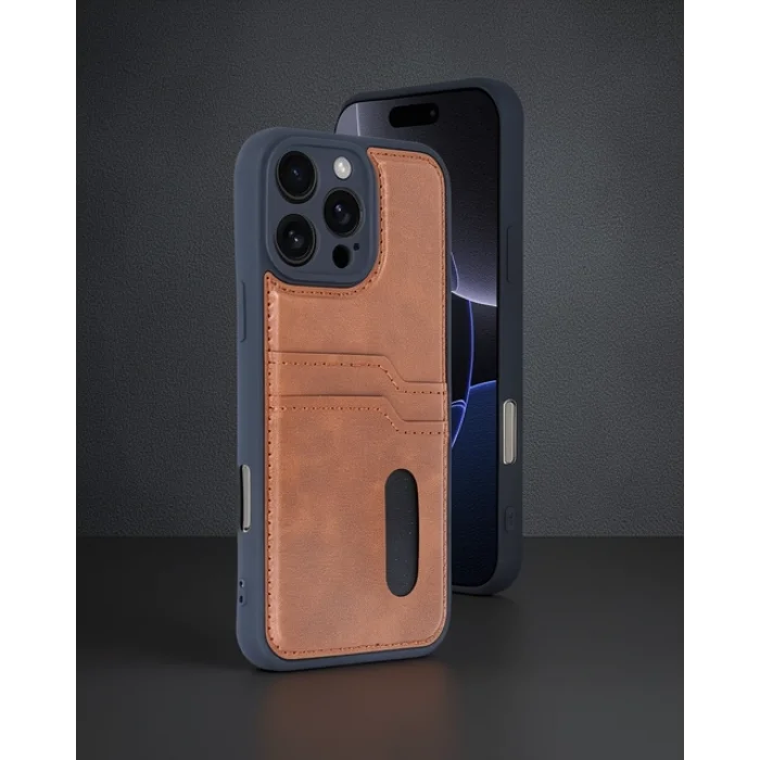 iPhone 16 Pro - Sara Kartvizitli Deri Kılıf - Taba