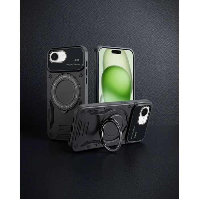 iPhone 16E Kılıf Joy Lens Standlı Kapak - Siyah