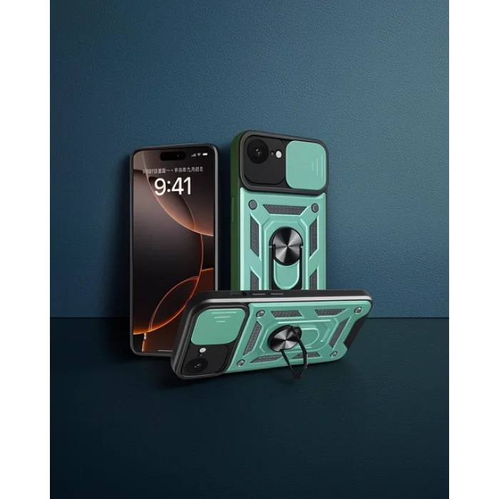 iPhone 16E Kılıf Pars Lens Yüzüklü Silikon - Yeşil