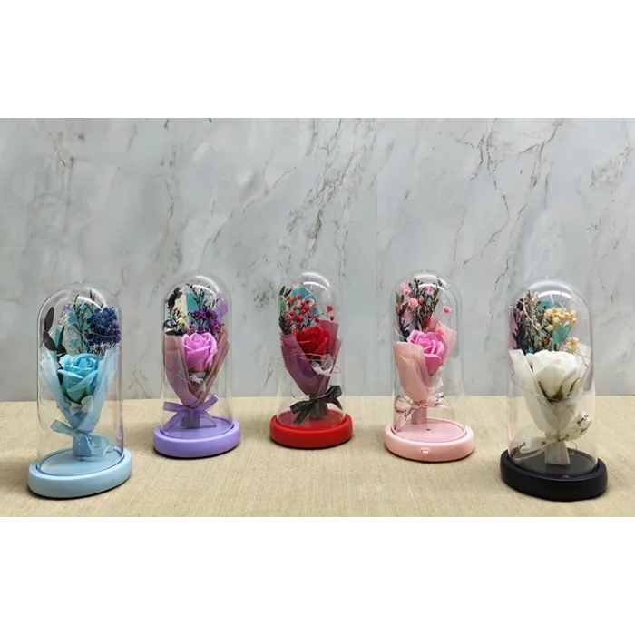 Işıklı Müzikli Cam Fanus İçinde Lavantalı Romantik Gül