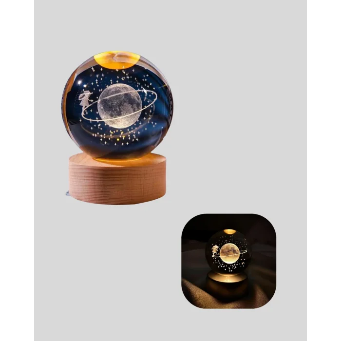 Işıklı Sarı Cam Küre ve Kız Figürü Ahşap Standlı Dekoratif Lamba