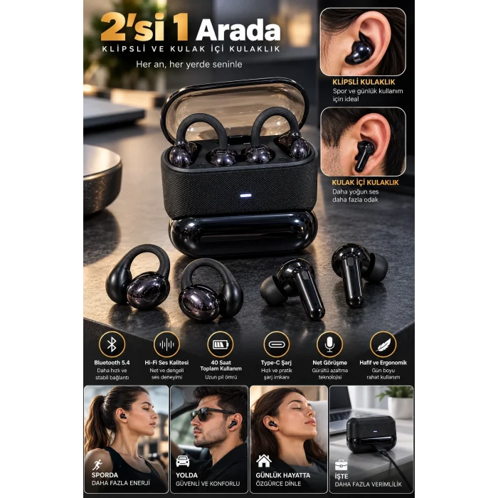 Kablosuz Bluetooth Kulaklık 4 Kulaklıklı 2’si 1 Arada Siyah