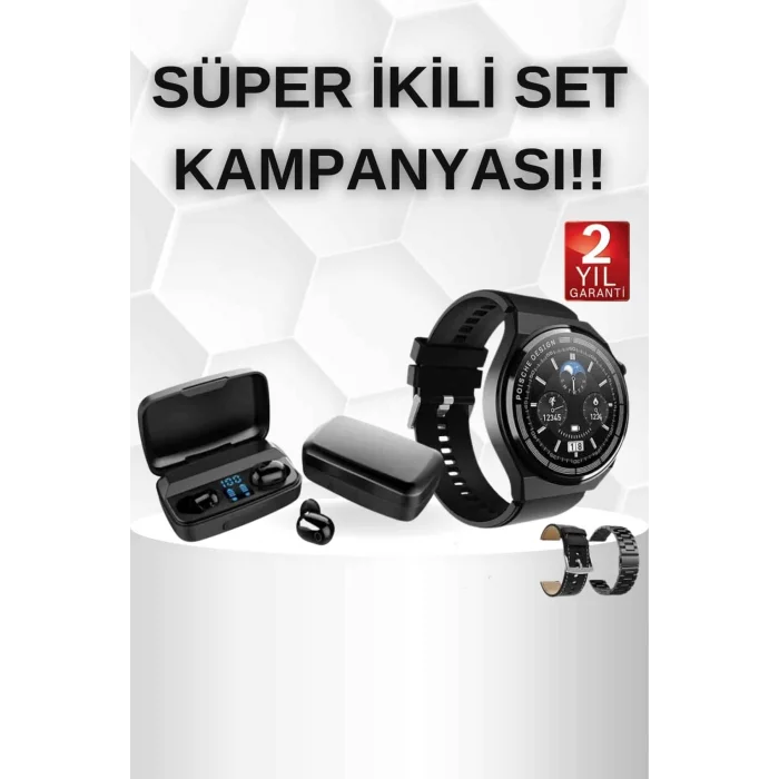 Kablosuz Bluetooth Kulaklık ve Kordon Hediyeli Akıllı Saat Nabız Ölçer Uzun Pil Ömrü